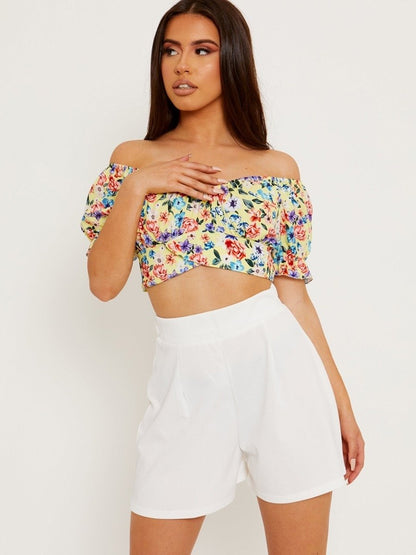 Yellow Tie Knot Floral Bardot Crop Top