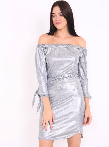 Silver Metallic Tie Knot Sleeve Bardot Dress