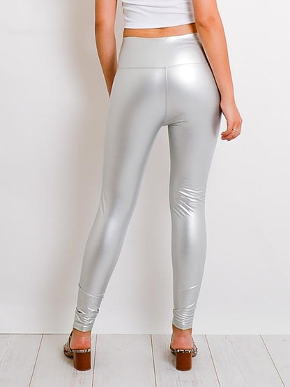 Silver Leather Look High Waist Legging